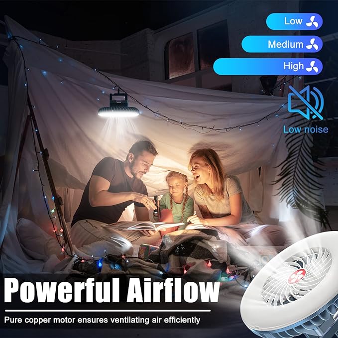 Portable Camping Fan with LED Lantern XTAUTO USB Rechargeable Waterproof Tent Fan with Hanging Hook