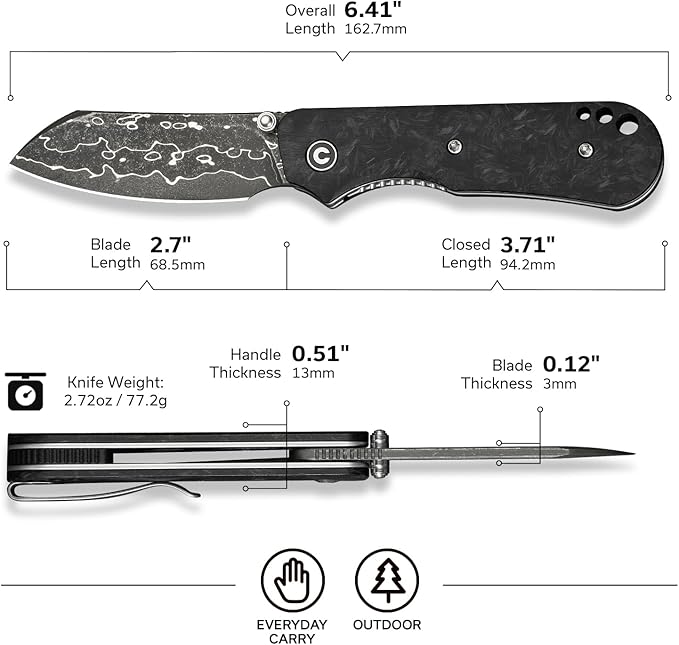 CIVIVI Crabby Pocket Knife, EDC Folding Knife for Men Women with Damascus Blade Contoured Shredded