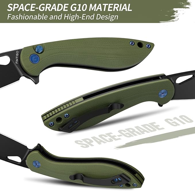 FINTISO Pocket Knife, 3.1" Premium 14C28N Blade Folding Knife with Button Lock, EDC Knife with G10