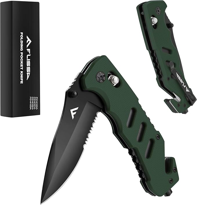 FLISSA Folding Pocket Knife with Clip, Glass Breaker and Seatbelt Cutter, Survival Knife for