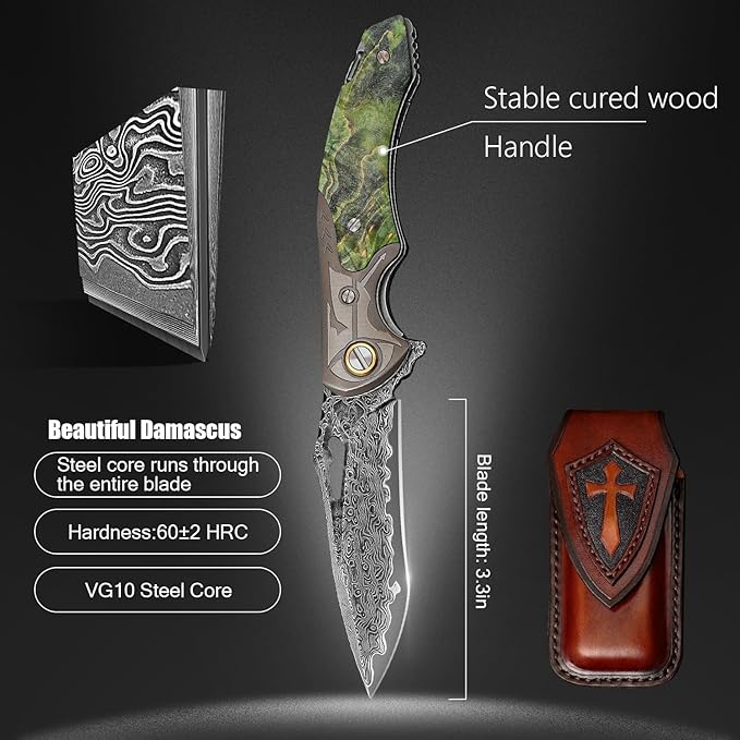 VG10 Damascus Steel Folding Knife, Stable Wood with Leather cover and pocket clip, Outdoor Survival