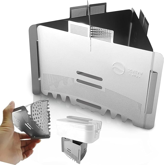 ZEN Camps Ultralight Folding Stainless Steel Pot Stand with Tray Windscreen for Alcohol or Solid