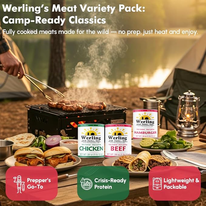 Werling & Sons Canned Meat Variety Pack 28 oz – Fully Cooked & Ready to Eat | 2 Hamburger, 2