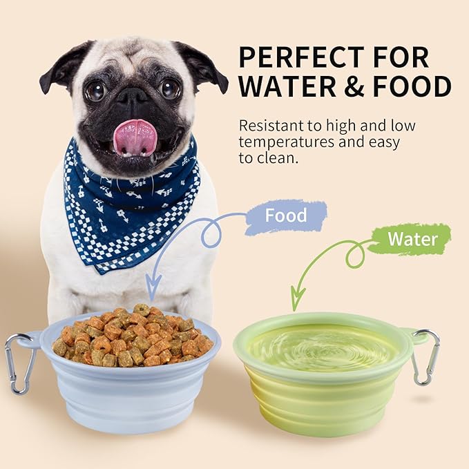 Collapsible Dog Bowls 2-Pack, Portable Travel Dog Bowl with Carabiner, Food-Grade Silicone Pet Bowl