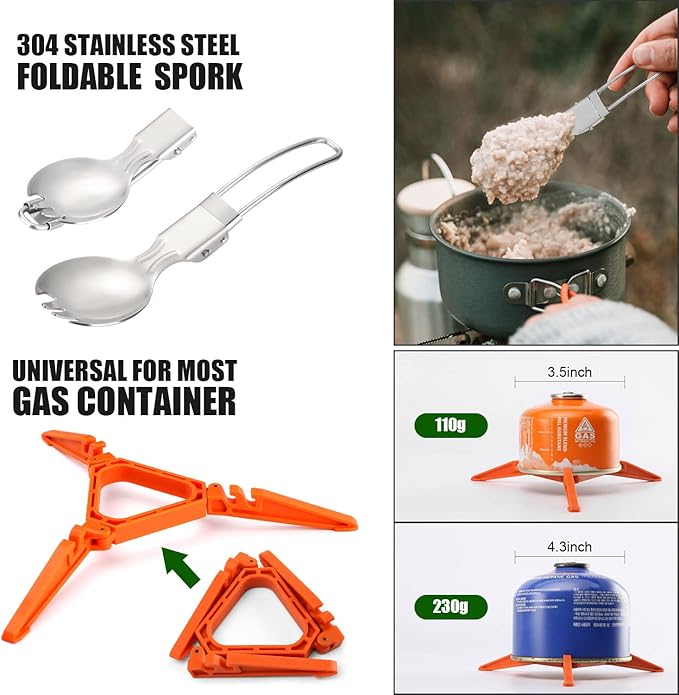 Odoland 8pcs Camping Cookware Mess Kit, Camping Pot and Pan Set with Mini Backpacking Stove