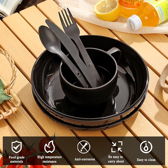 Berglander Camping Mess Kit with Bowl, Plate, Cup, Spoon, Fork, Knife and Carry Bag, Plastic
