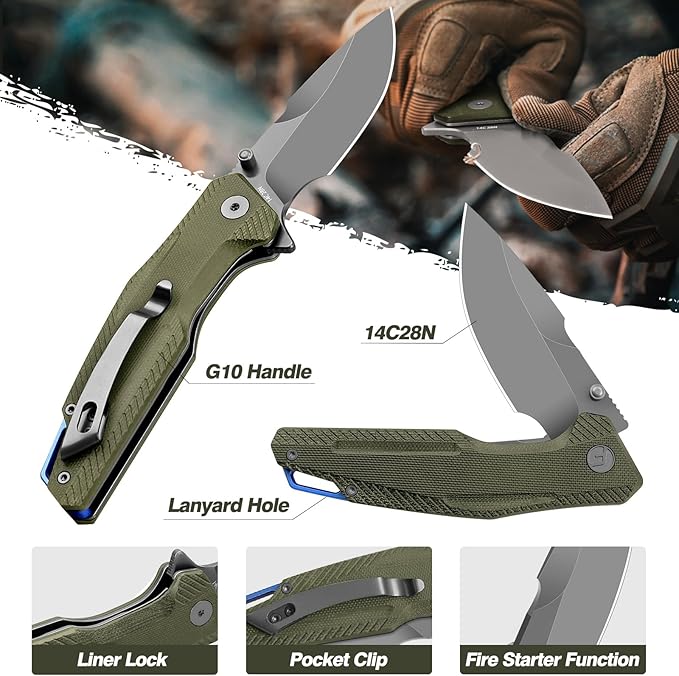 FINTISO Pocket Knife, 3.26" Premium 14C28N Blade G10 Handle with Fire Starter Function, Folding