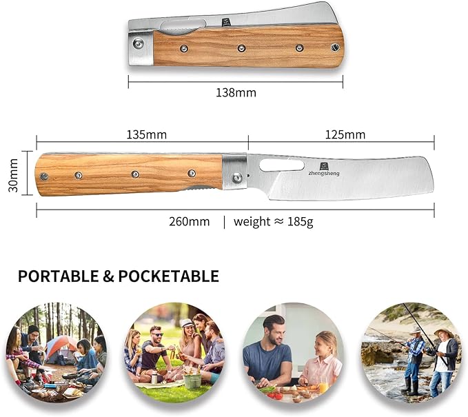 Folding Chef Knife with Nylon Pouch 4.8” Ultra Sharp 440A Stainless Steel Blade Natural Olive