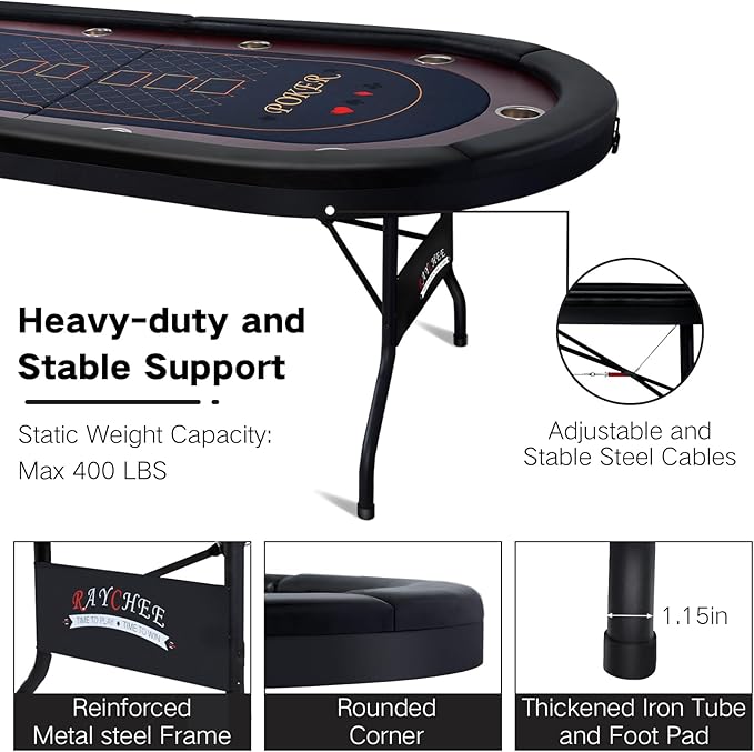 10 Player Foldable Poker Table, 86" Large Professional Folding Texas Holdem Poker Card Table