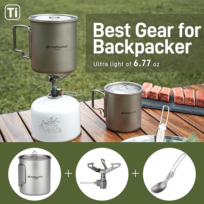 Odoland Titanium Camping Cookware 750ML Titanium Pot with Camping Stove and Spork Portable Pot for