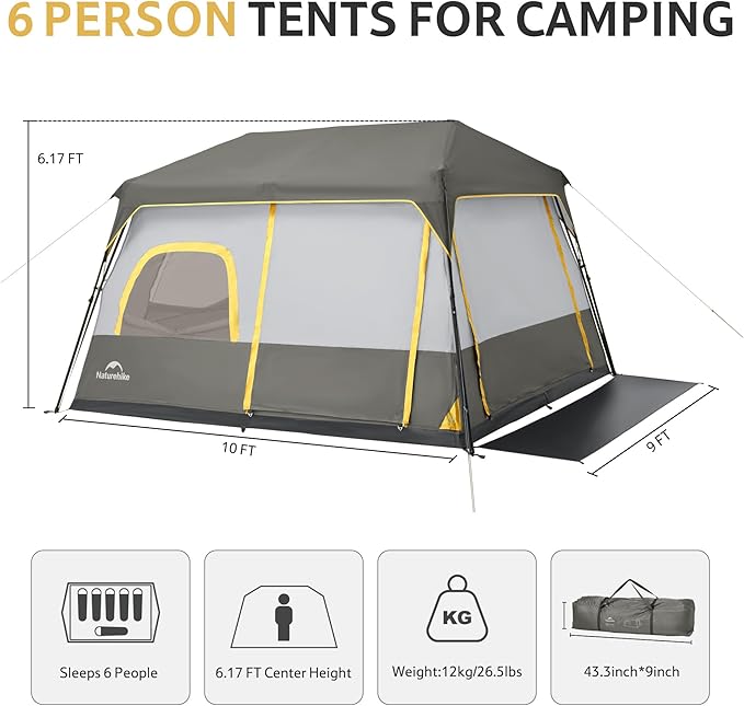 Naturehike Cape 4/6/8 Person Camping Tent, 60S Easy Setup Instant Tent Pop up Tent, Waterproof
