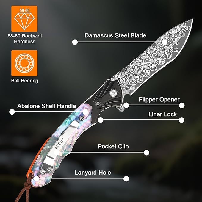 AUBEY Damascus Pocket Knife for Women Men, 3.43" VG10 Damascus Steel Blade Knife with Clip, EDC