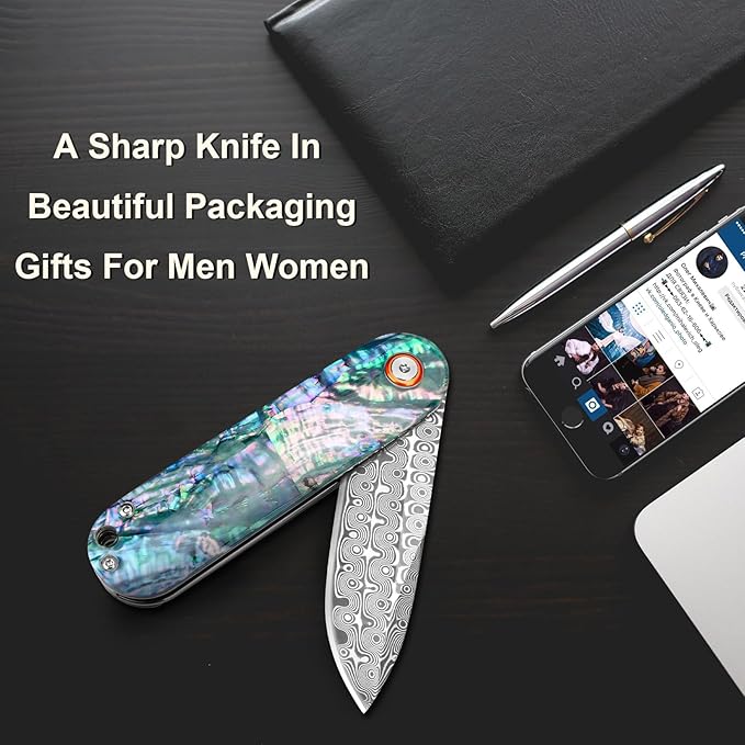 Damascus Pocket Knife with Sheath 2.95" Damascus Steel Blade Folding Knife with Abalone Shell