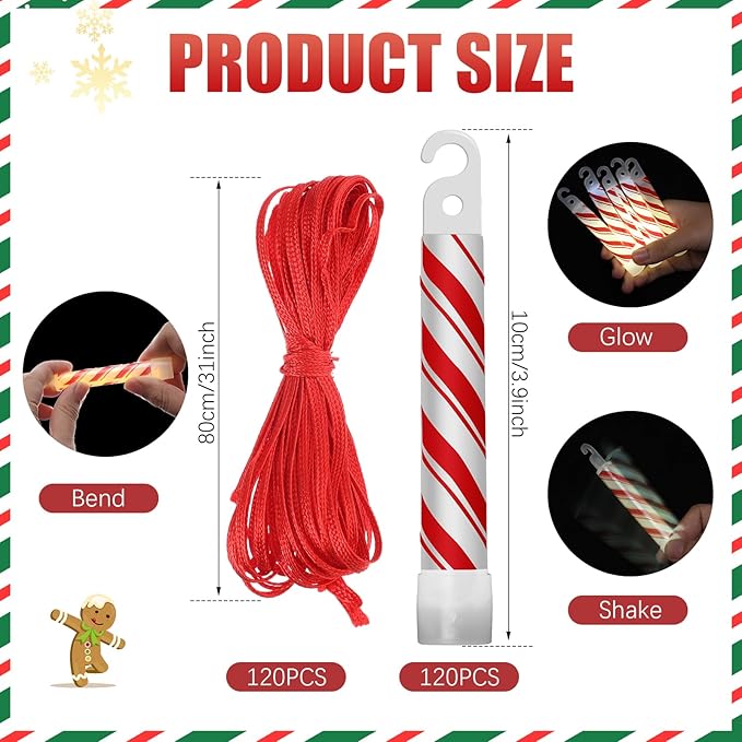 Wettarn 120 Pcs 4" Christmas Glow Sticks Light up Sticks Bright Candy Cane Light Stick Bulk