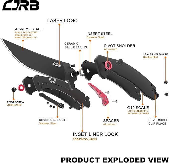 CJRB Tactical Knife, Small Folding Pocket Knife with AR-RPM9 Steel Blade and G10 Handle for Men