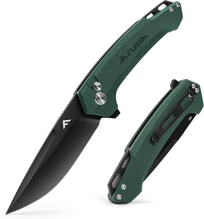 FLISSA Pocket Folding Knife, 3.2??D2 Blade G10 Handle EDC Knife with Button Lock and Pocket Clip