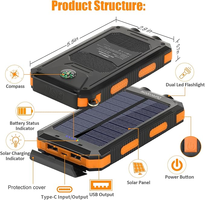 Solar Charger Power Bank, 20000mAh Portable Outdoor Waterproof Solar Battery Charger, Camping