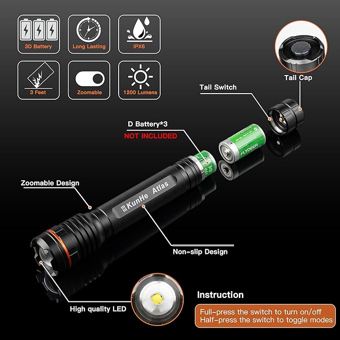 KunHe Heavy Duty 3D Cell LED Flashlights Large Aluminum Zoomable High Lumens-1200 LM Battery