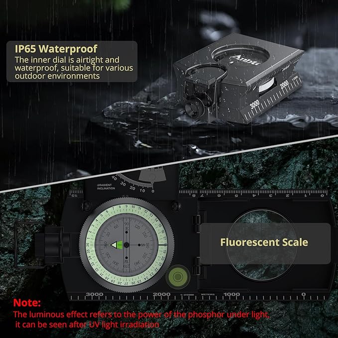 Compass Hiking Survival, IP65 Waterproof Metal Compass with Sighting Clinometer and Carry Bag