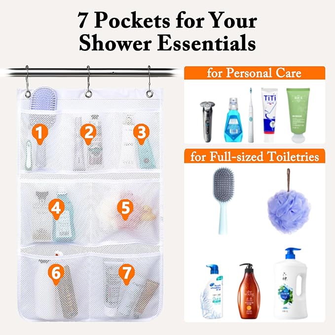 Mesh Shower Caddy Hanging, Quick-Drying Shower Organizer with 7 Pockets, Portable Bathroom