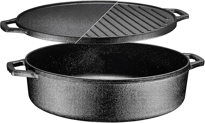 Bruntmor 3-in-1 Pre-Seasoned Cast Iron Skillets with Reversible Grill Griddle Lid - 6.8 Quart Round