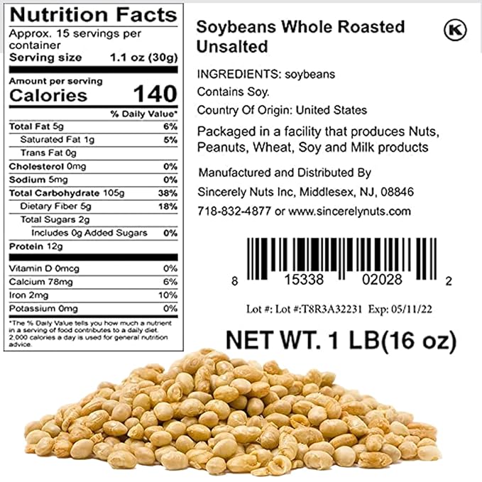 Sincerely Nuts Roasted Soybeans Unsalted (5 LB) Gluten-Free - Vegan & Kosher-Powerful Vegetarian