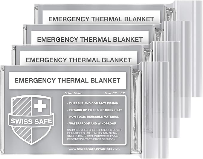 Swiss Safe 4 Pack Mylar Emergency Blankets for Survival - Compact & Insulated for Cold Weather