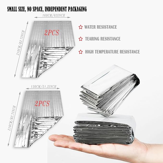 4-Pack Mylar Emergency Thermal Blankets - Waterproof Windproof Survival Gear for Camping, Hiking &