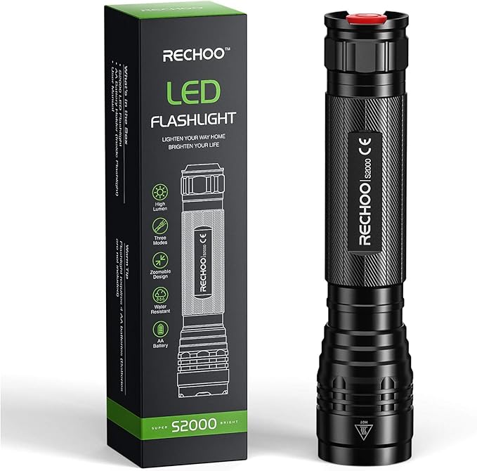 RECHOO S2000 LED Flashlight High Lumens, Super Bright, Powerful, Mid-Size Tactical Flashlight with