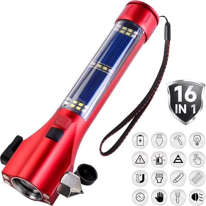 Car Flashlights for Emergencies, Window Breaker Seatbelt Cutter Multifunction Solar Flashlights