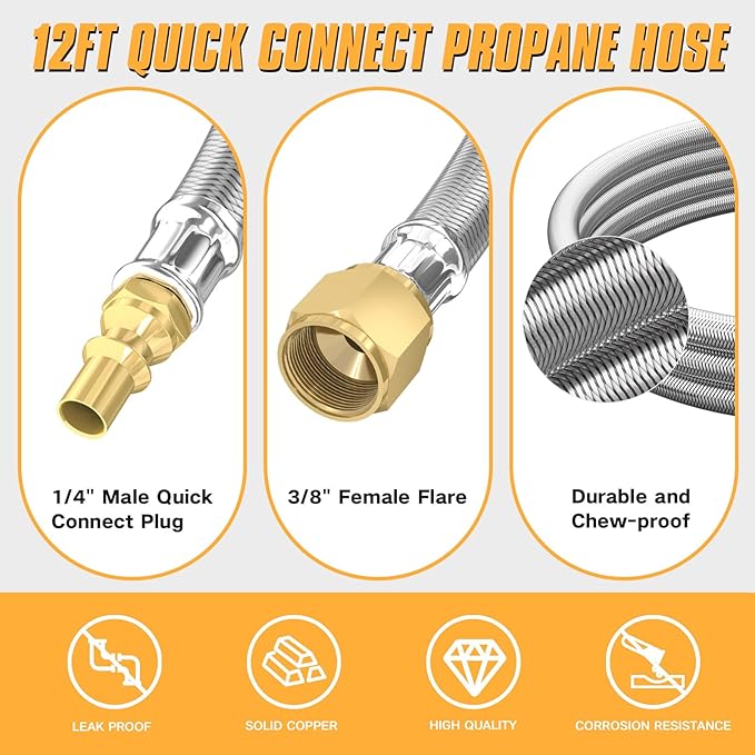 12FT RV Quick Connect Propane Hose, Propane Quick Connect Hose for RV to Gas Grill, Compatible with
