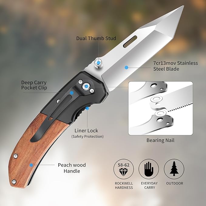 Vickay Pocket Knife, Folding Knife with Clip - 3.54??Tanto Blade, Wood Handle EDC Knife for Men &