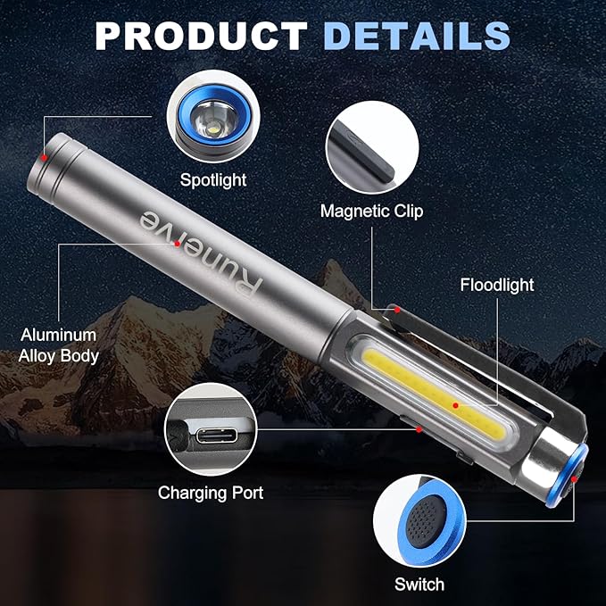 Rechargeable LED Pen Light with Magnetic Clip - Dimmable Inspection Pocket Flashlight, USB-C