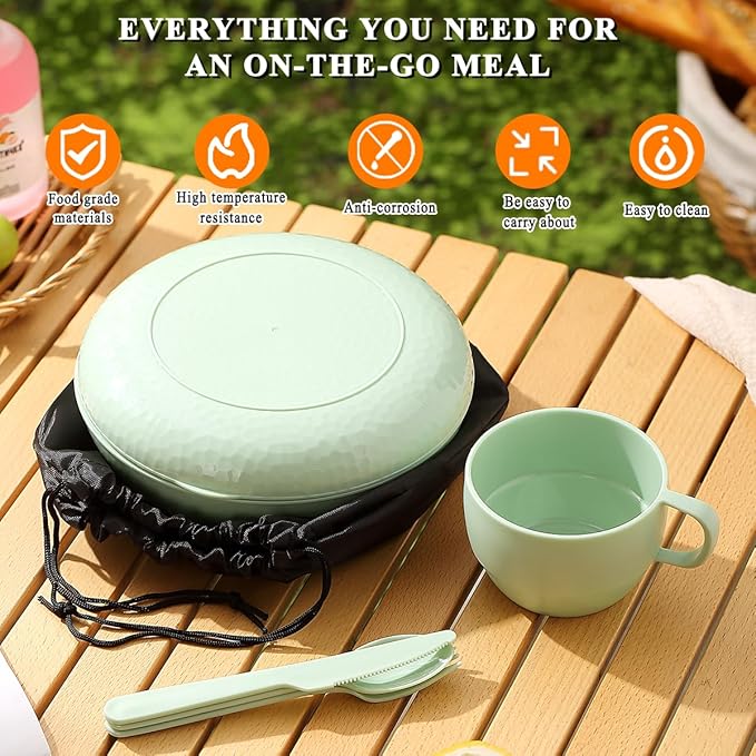 HOMQUEN 6-Piece Camping Mess Kit with Bowl, Plate, Cup, Spoon, Fork, Knife and Carry Bag, Plastic
