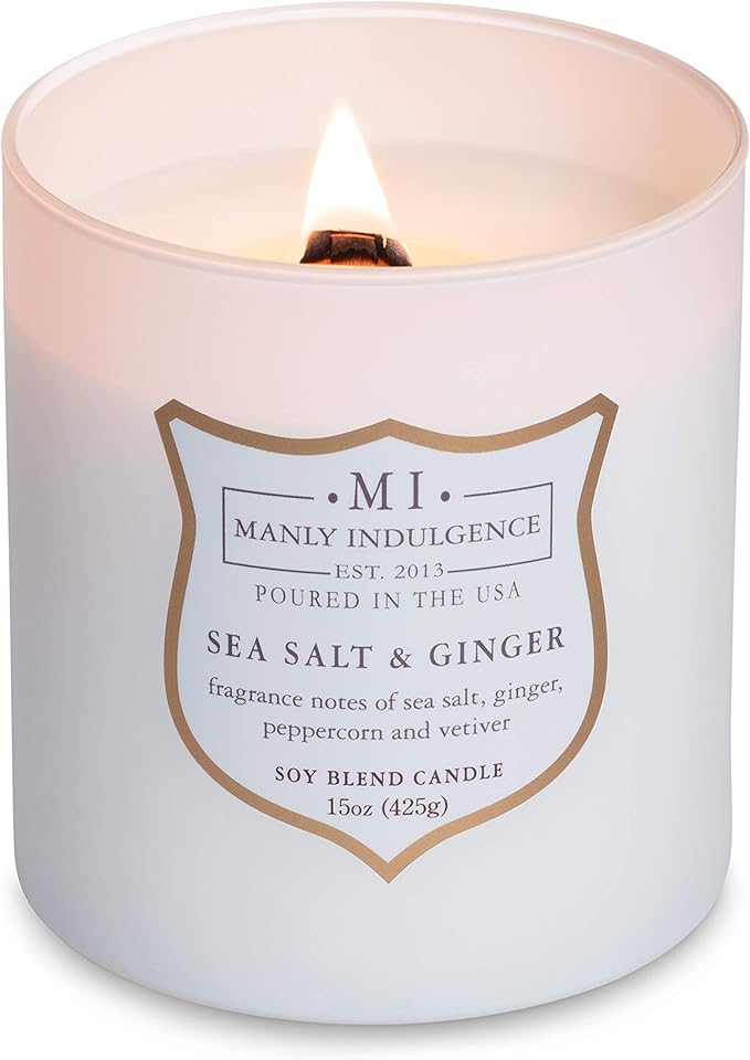 Manly Indulgence Sea Salt & Ginger Scented Candles for Men, 15 oz Wooden Wick, Premium Soy Blend