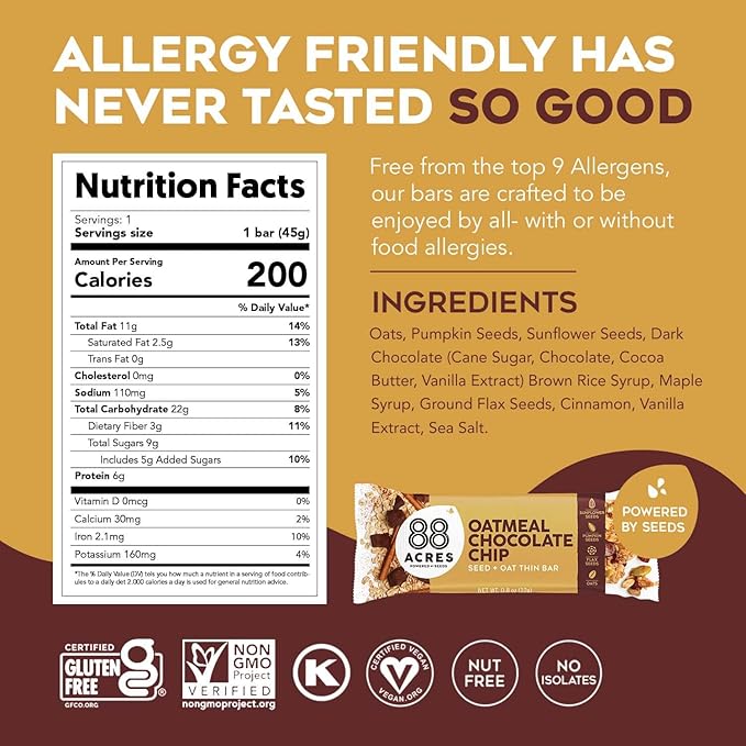 88 Acres Granola Bars | Oatmeal Chocolate Chip | Gluten Free, Nut-Free Oat and Seed Granola Bar |