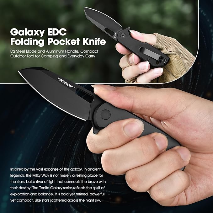 TONIFE Galaxy Mini Folding Knife with D2 Steel Blade and Aluminum Handle, EDC Pocket Tool for