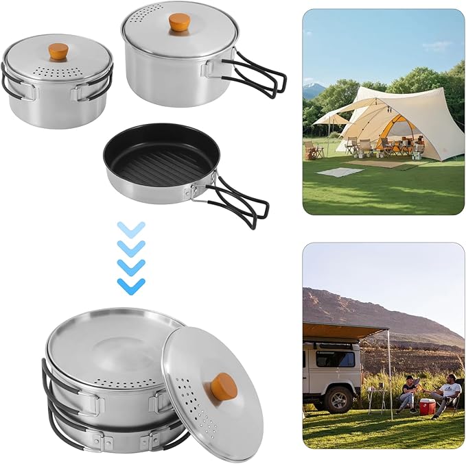 Portable Camping Cookware Set, 304 Stainless Steel Outdoor Camping Cooking Pots and Pans with