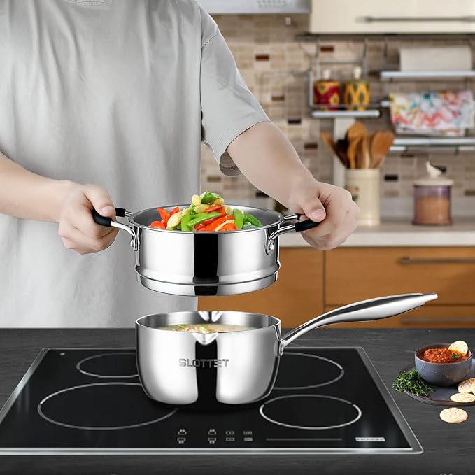 3.5 Quart Stainless Steel Saucepan with Steamer, Tri-Ply Full Body Small Multipurpose Pot with Pour