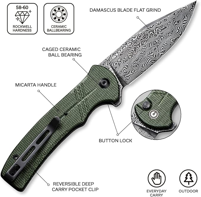 CIVIVI Cogent Button Lock Flipper Pocket Knife, Damascus Blade Green Micarta Handle, Good for
