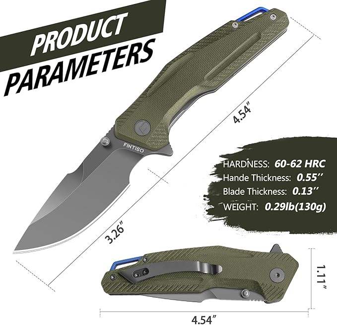 FINTISO Pocket Knife, 3.26" Premium 14C28N Blade G10 Handle with Fire Starter Function, Folding