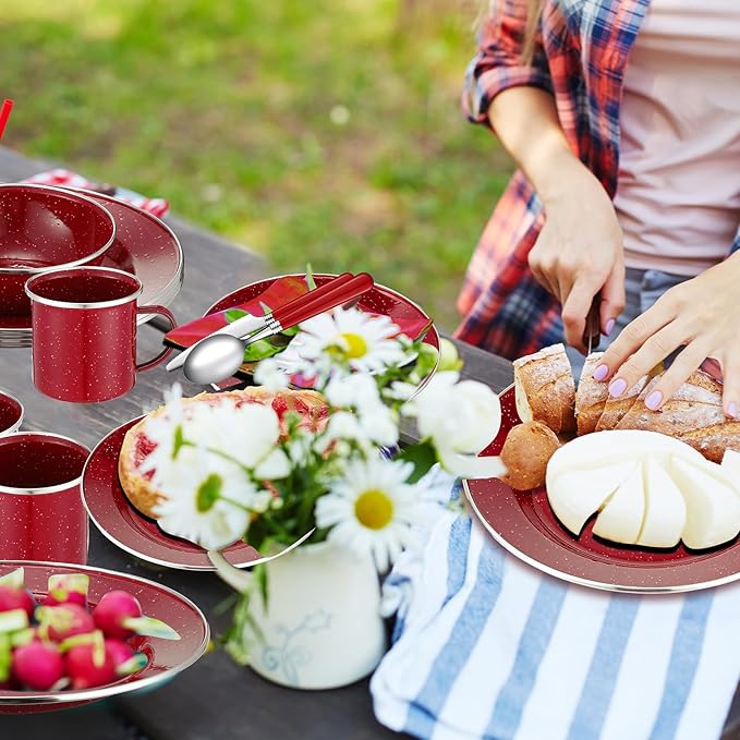 Nuogo 12 Pcs Enamel Camping Tableware Set Dinnerware Kit Includes 12 oz Coffee Mugs Camping Plates