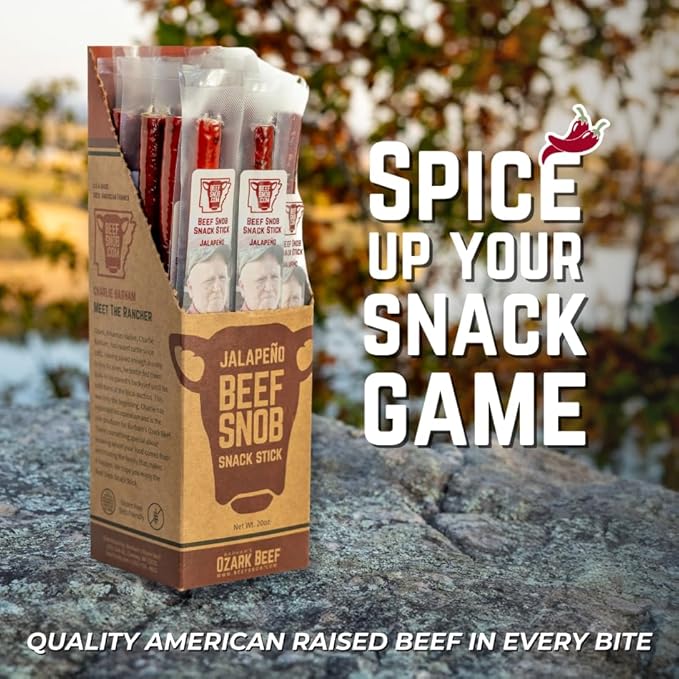 Beef Snob Snack Sticks - Jalapeño Flavor - 1 Ounce Snack - 20 Meat Sticks Per Box - High Protein