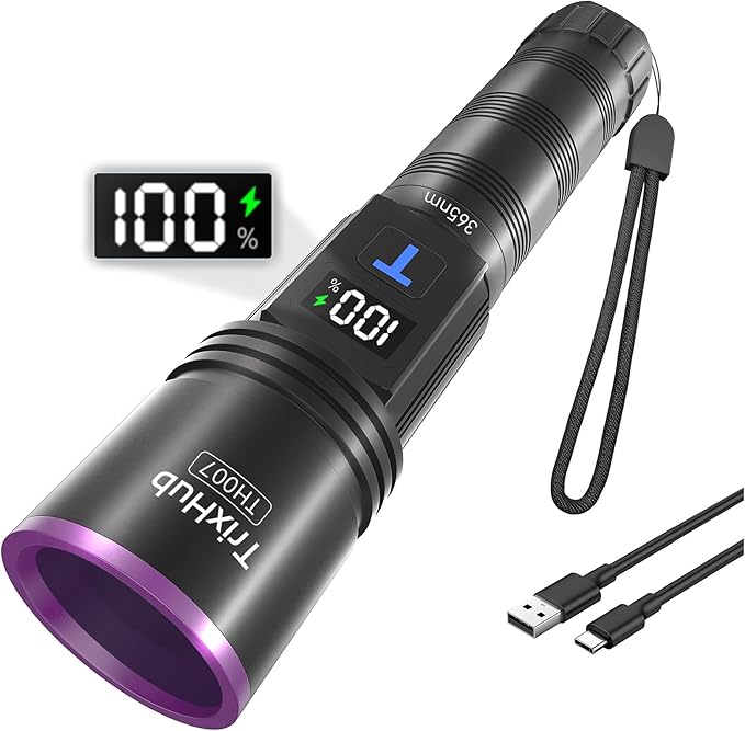 365nm Black Light Flashlight, UV Flashlight Rechargeable with LCD Display, Powerful Ultraviolet