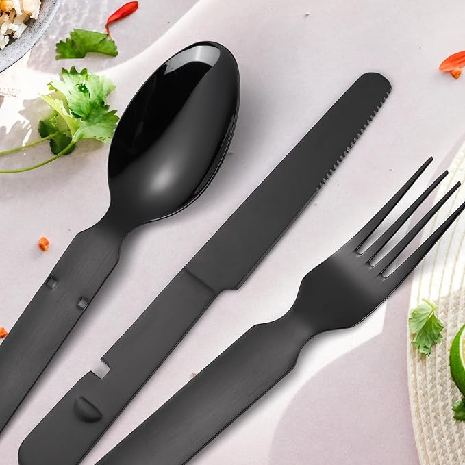 Portable Silverware Black Flatware Camping Cutlery Stainless Steel Spoon Fork Knife and Bottle
