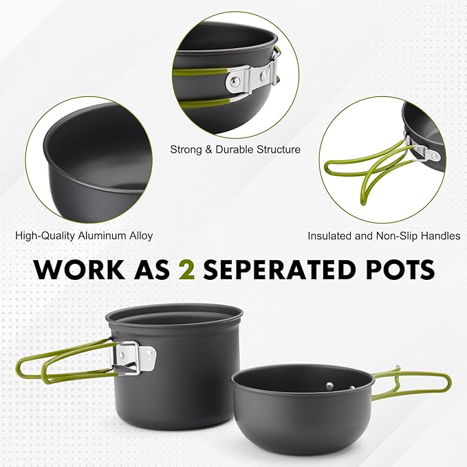 Camping Cookware Kit Backpacking, 0.33Gal Pots and 0.17Gal Pans Set,0.08Gal SUS304 Cup, Forks
