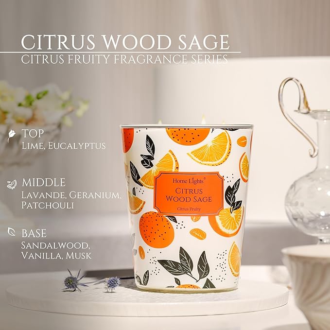 HomeLights Citrus Wood Sage Scented Candles | 34oz Soy Candles Eclectic Mixed Styles 3-Wick Large