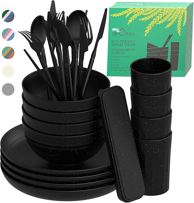 Wheat Straw Dinnerware Sets For 4 - Alternate To Black Plastic Dishes - Dishwasher Microwave Safe