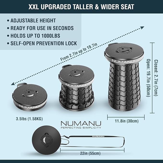 NUMANU 2025 Upgraded 19.7" XXL Collapsible Stool, 1000lbs Max Weight, Wider & Taller Pop Up Seat