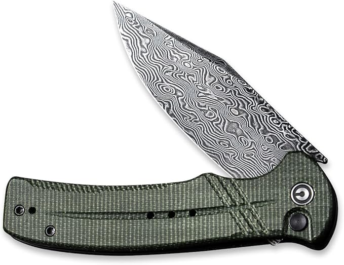 CIVIVI Cogent Button Lock Flipper Pocket Knife, Damascus Blade Green Micarta Handle, Good for